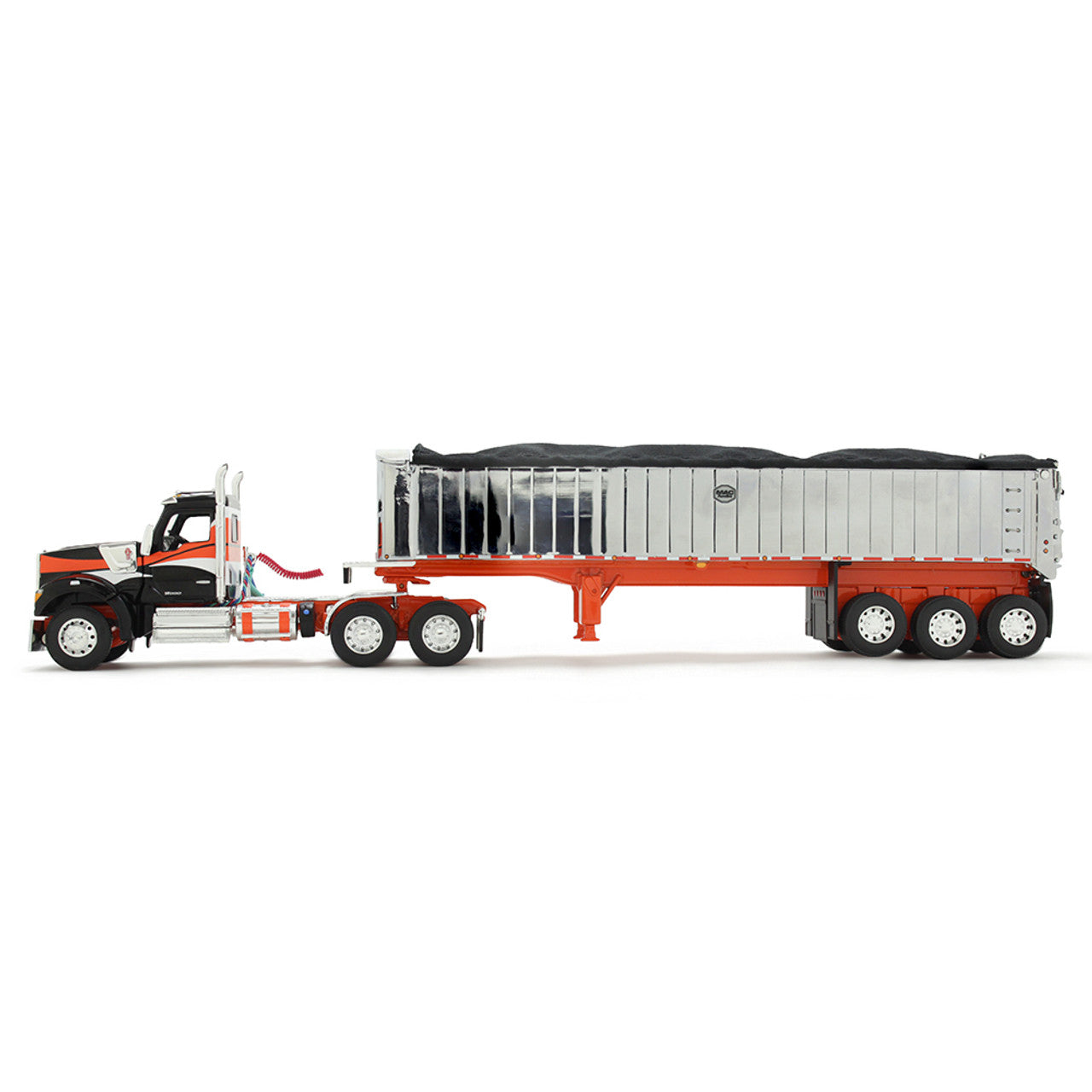 Mô hình xe DCP 1:64Black/Orange Kenworth W990 Day Cab & MAC Coal End Dump Trailer 60-2008
