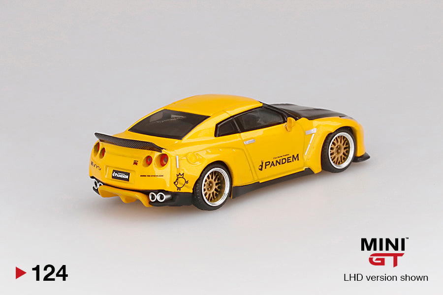 Mô hình xe Mini GT 1:64 Pandem Nissan GT-R (R35) Duck Tail Metallic Yellow w/ Carbon - MGT00124