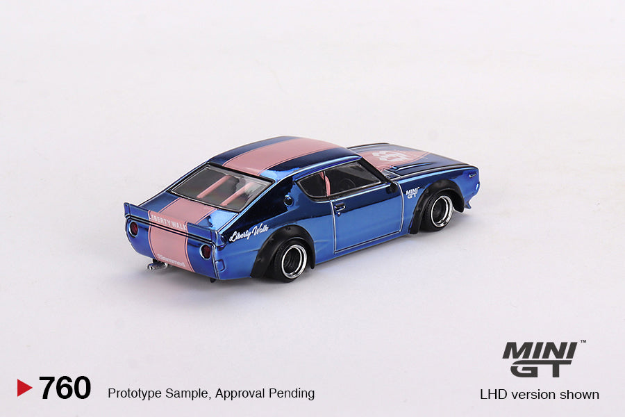 Mô hình xe Mini GT 1:64 Nissan Skyline Kenmeri Liberty Walk Chrome Blue w/ Baby Pink One Night in Beijing - MGT00760