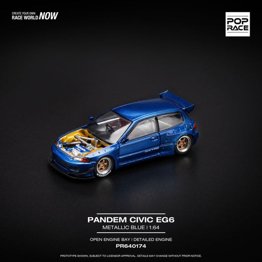 [HÀNG CÓ SẴN] Mô hình xe POPRACE 1:64 PANDEM CIVIC EG6 METALLIC BLUE WITH OPEN HOOD PR640174