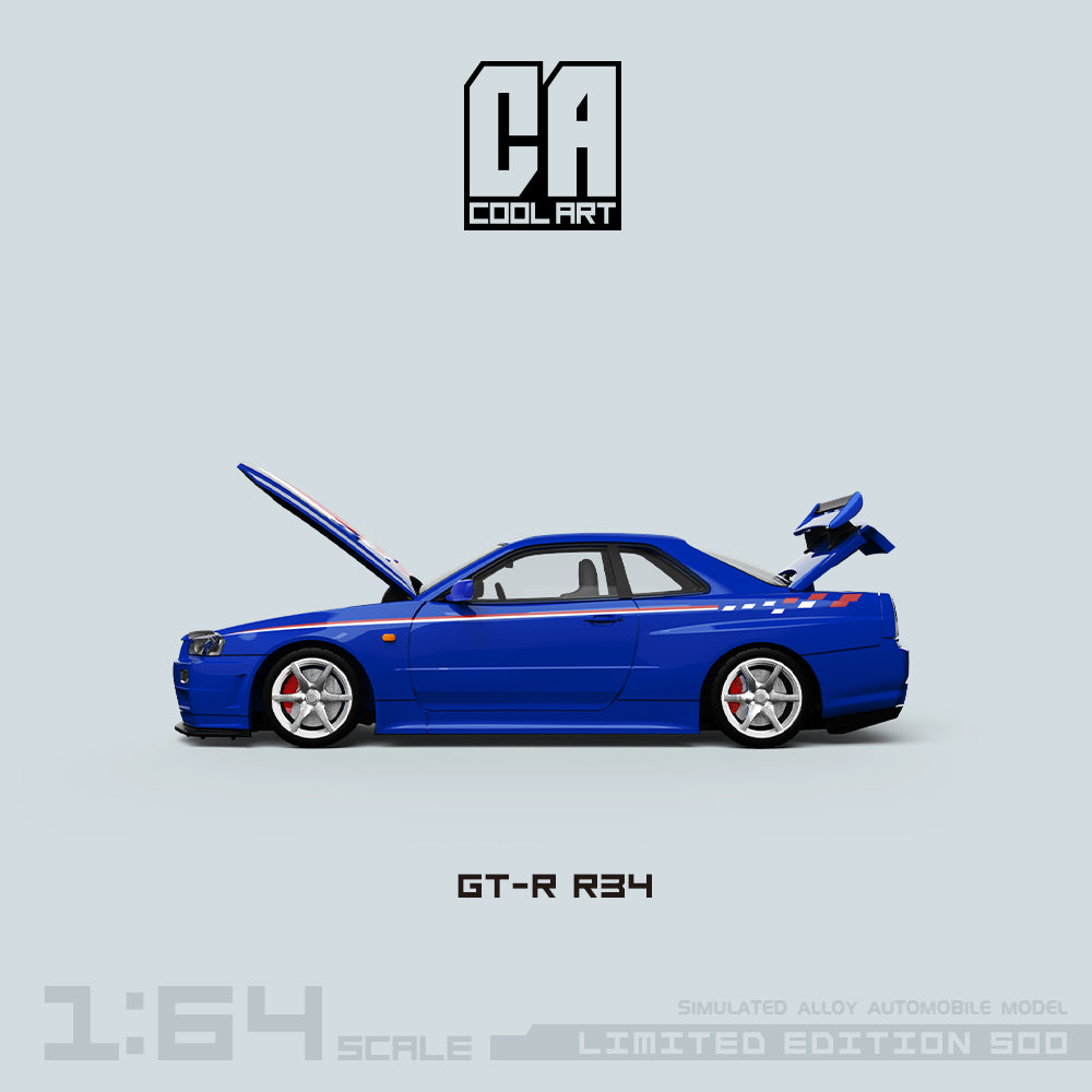 Mô hình xe GT-R R34 Cool Art màu xanh dương góc nghiêng