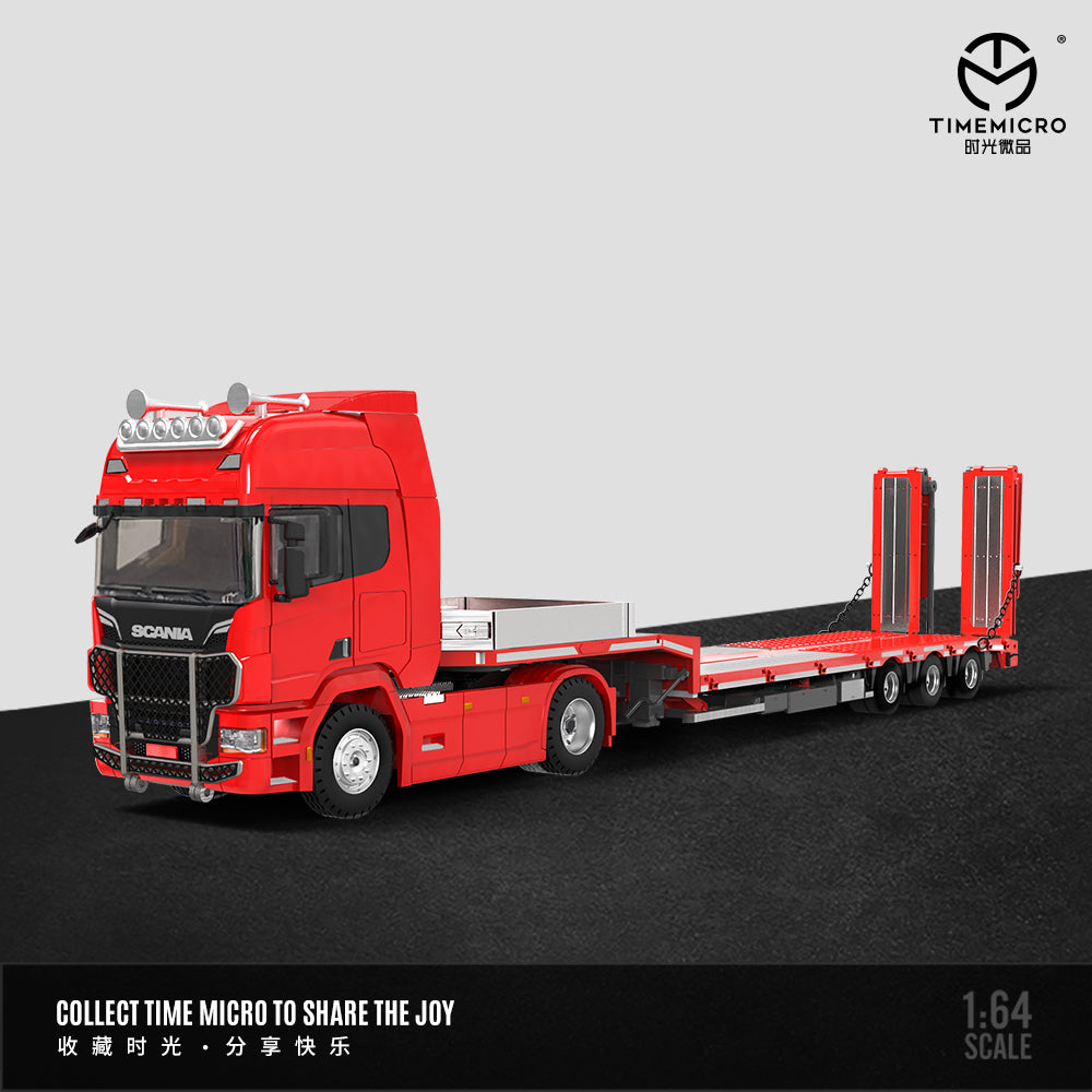 Góc trước xe Scania Flatbed Transporter đỏ