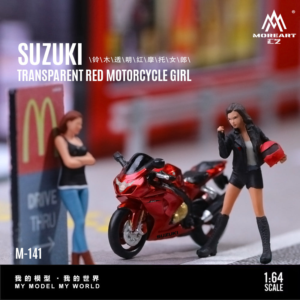 Mô hình diorama cô gái đi xe máy Suzuki Transparent Red tỉ lệ 1:64