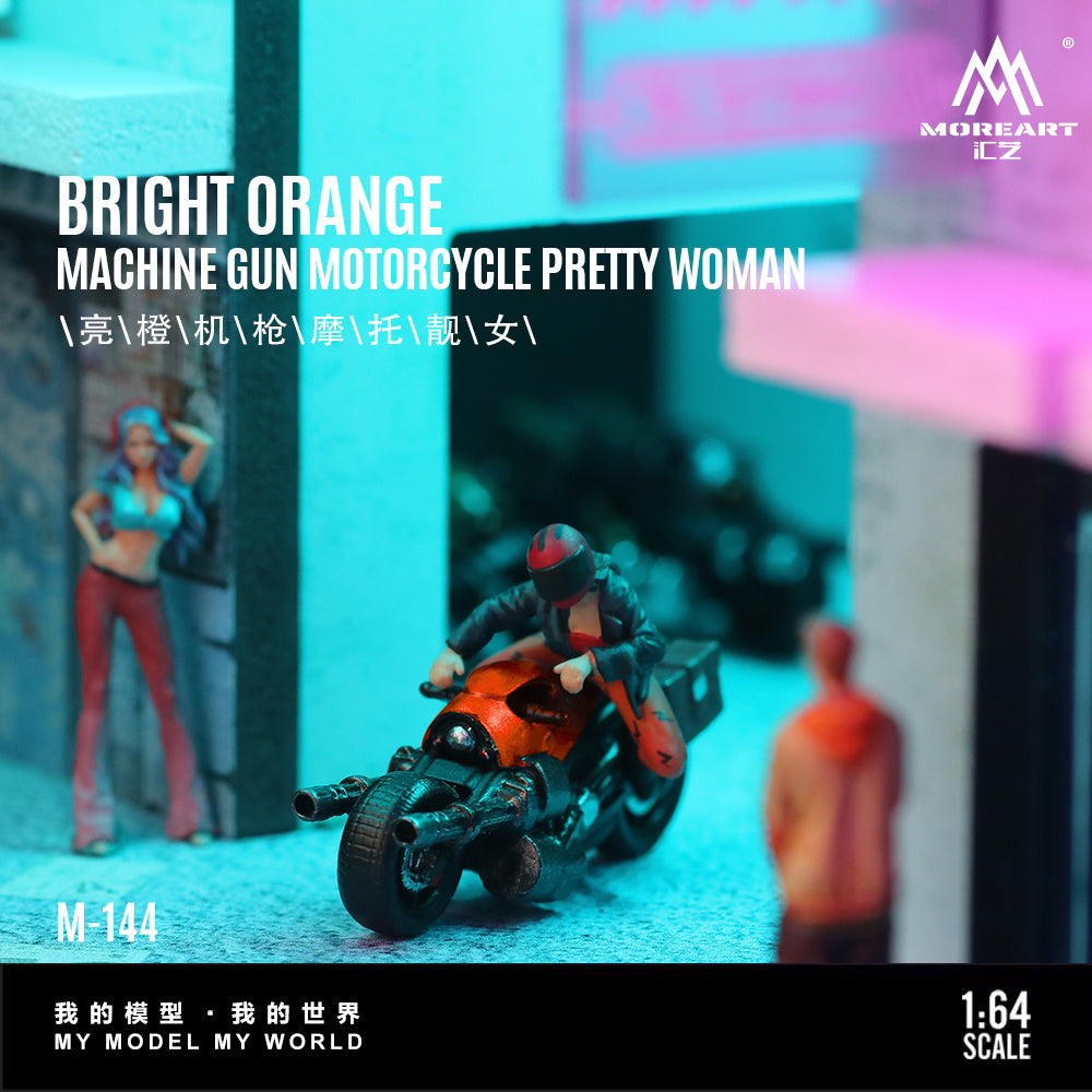 Tổng quan mô hình diorama Bright Orange Machine Gun Motorcycle Beauty 1:64 - MoreArt