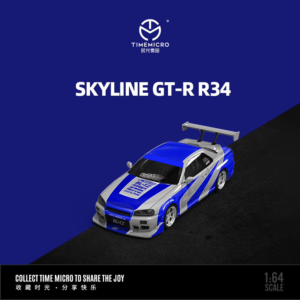 Mô hình xe Time Micro 1:64 Skyline GT-R R34 Blue Silver Standard Edition