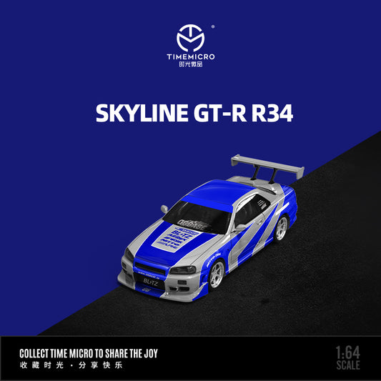 Mô hình xe Time Micro 1:64 Skyline GT-R R34 Blue Silver Standard Edition
