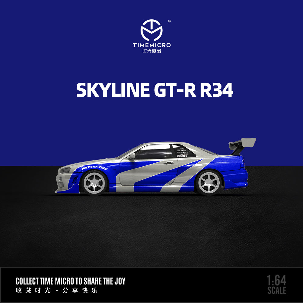 Xe mô hình Skyline GT-R R34 xanh bạc tỉ lệ 1:64