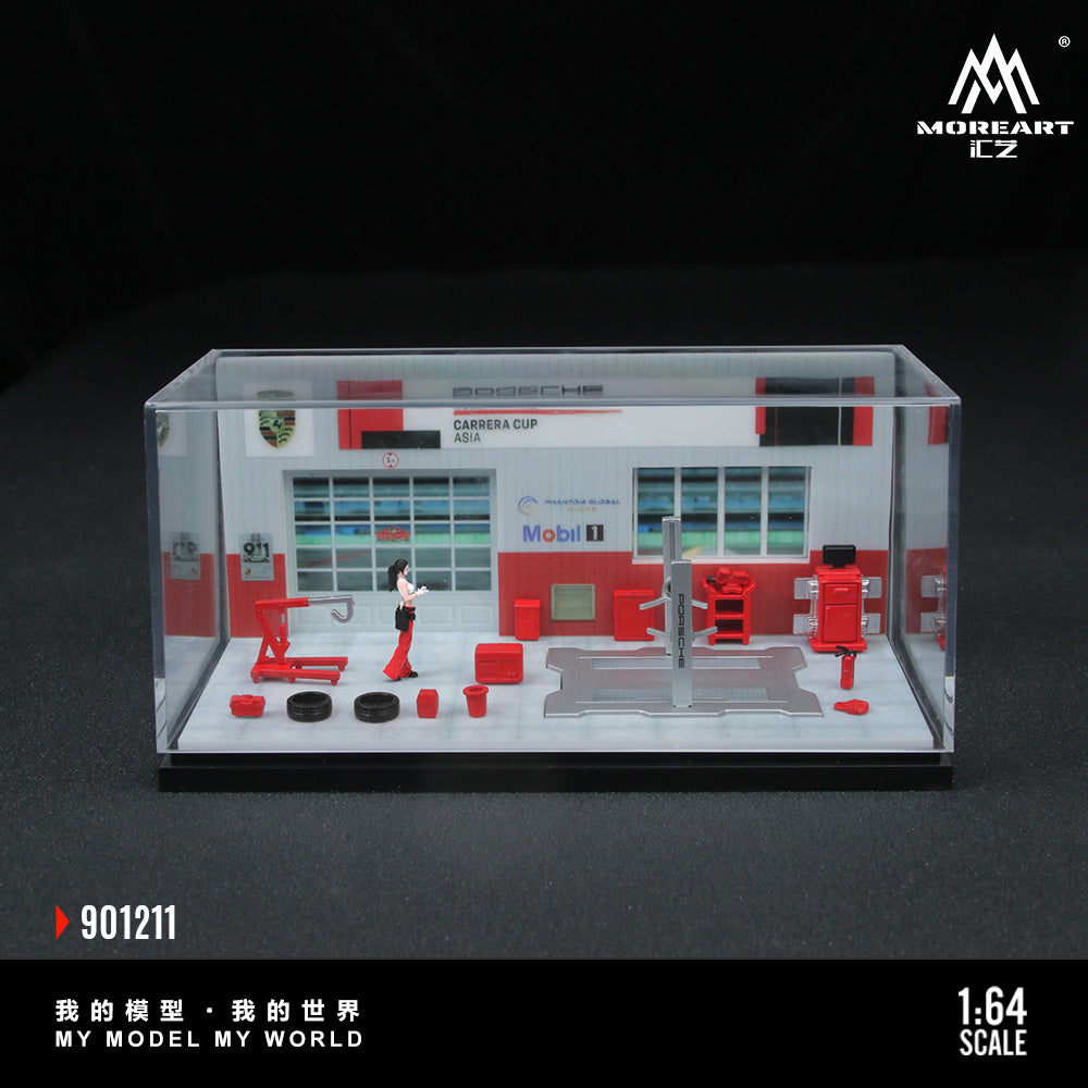 Góc nghiêng trái diorama Porsche Repair Shop MOREART