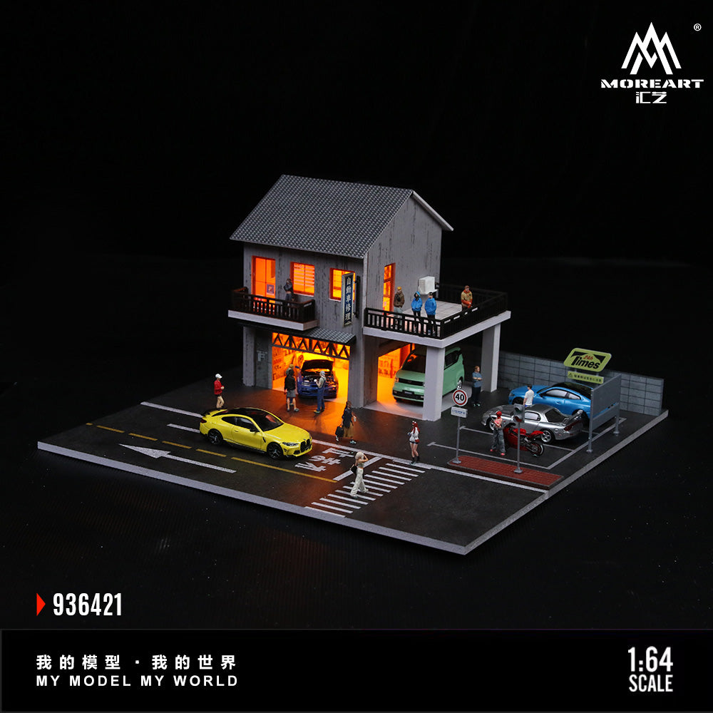 Mô hình diorama Japanese Car Repair Shop cận cảnh biển hiệu