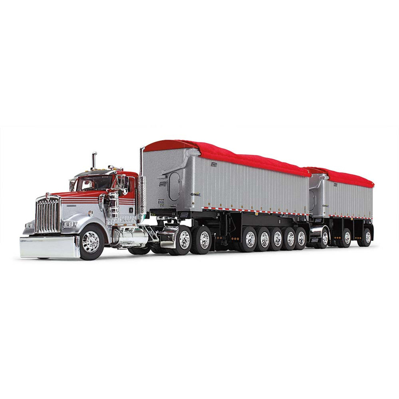 Mô hình xe DCP 1:64Viper Red/Silver Kenworth W900L Day Cab & East Manufacturing Michigan Series 31' And 20' End Dump Trailers 60-1632