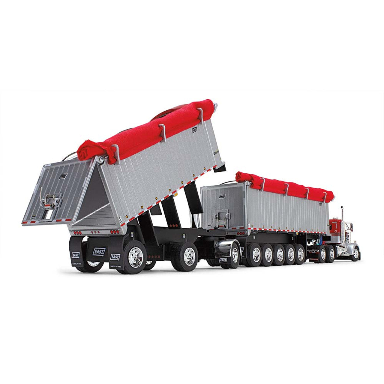 Mô hình xe DCP 1:64Viper Red/Silver Kenworth W900L Day Cab & East Manufacturing Michigan Series 31' And 20' End Dump Trailers 60-1632