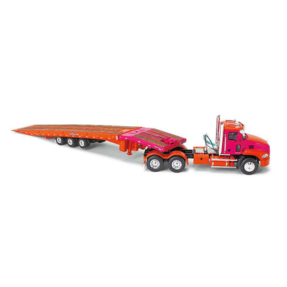 Mô hình xe DCP 1:64Mack Orange/Fuchsia Mack Pinnacle With Minimizer Parts And Talbert 5553TA Traveling-Axle Trailer 60-1648