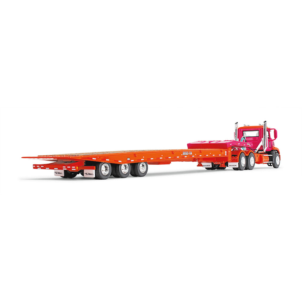 Mô hình xe DCP 1:64Mack Orange/Fuchsia Mack Pinnacle With Minimizer Parts And Talbert 5553TA Traveling-Axle Trailer 60-1648