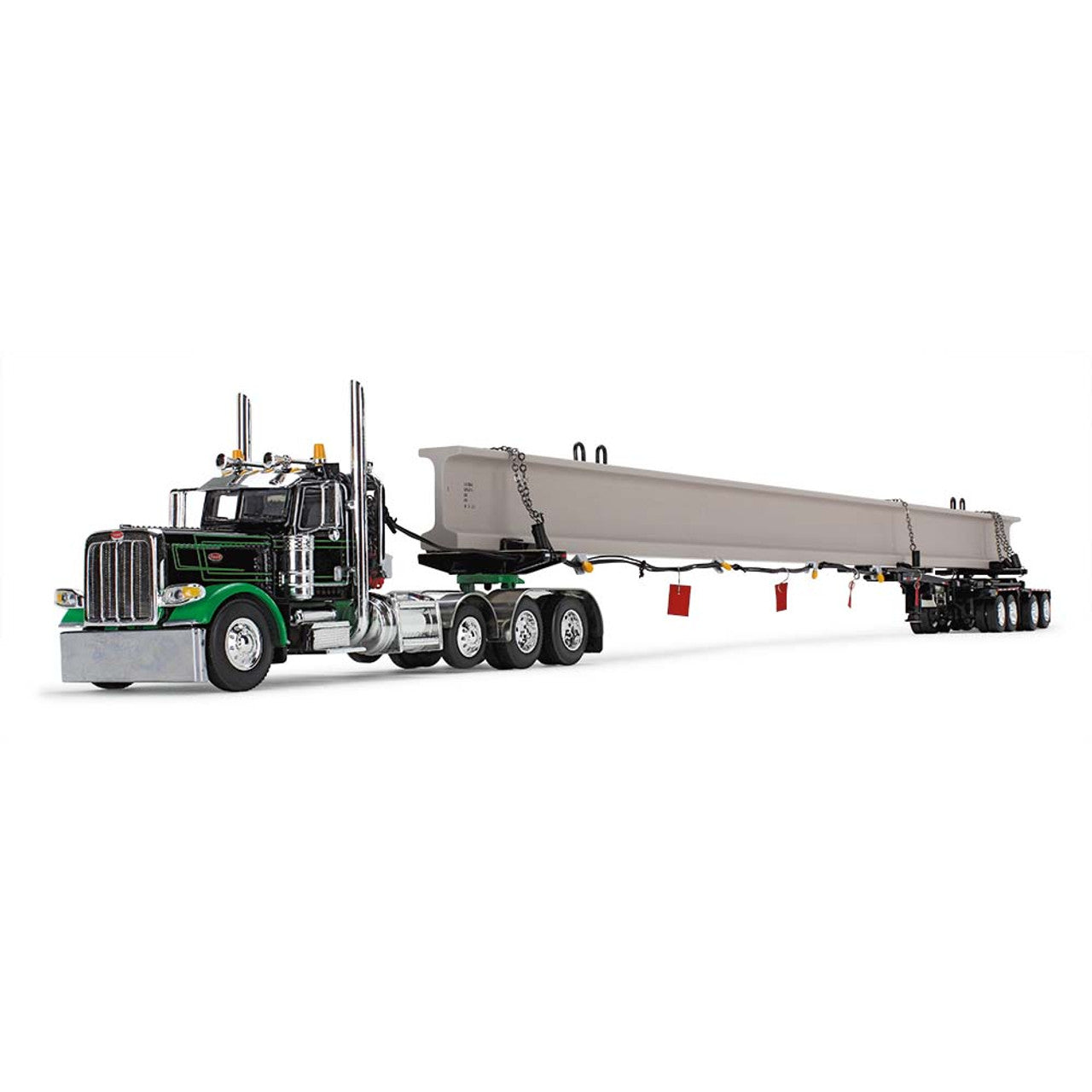 Mô hình xe DCP 1:64Black/Green Peterbilt Model 389 Day Cab & ERMC 4-Axle Hydra-Steer Trailer With Bridge Beam Section Load 60-1673