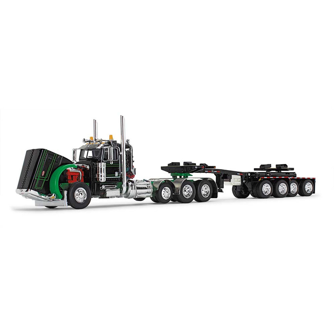 Mô hình xe DCP 1:64Black/Green Peterbilt Model 389 Day Cab & ERMC 4-Axle Hydra-Steer Trailer With Bridge Beam Section Load 60-1673