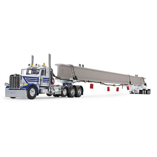 Mô hình xe DCP 1:64White/Blue Peterbilt Model 389 Day Cab & ERMC 4-Axle Hydra-Steer Trailer With Bridge Beam Section Load 60-1674
