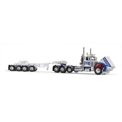 Mô hình xe DCP 1:64White/Blue Peterbilt Model 389 Day Cab & ERMC 4-Axle Hydra-Steer Trailer With Bridge Beam Section Load 60-1674