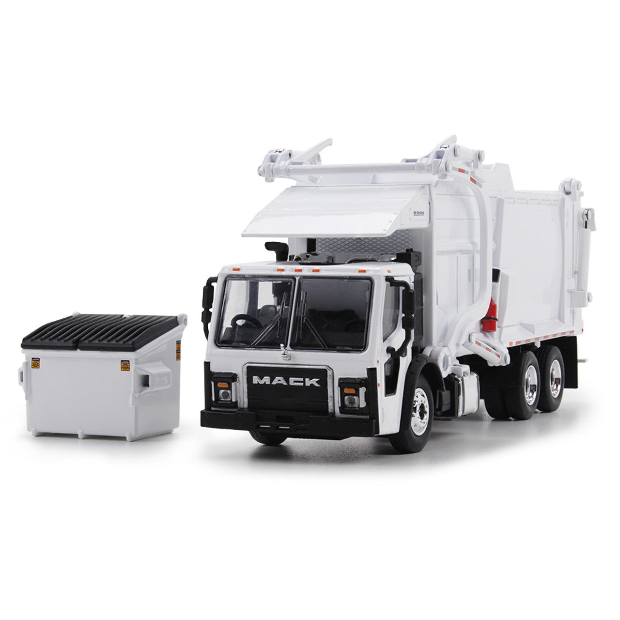 Mô hình xe DCP 1:64White Mack LR With McNeilus Meridian Front Load Refuse Truck And Trash Bin 60-1795