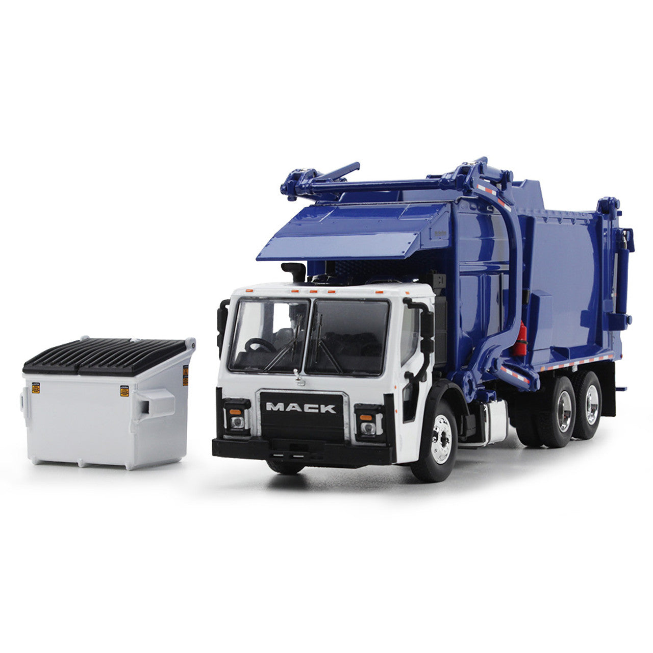 Mô hình xe DCP 1:64White/Blue Mack LR With McNeilus Meridian Front Load Refuse Truck And Trash Bin 60-1797
