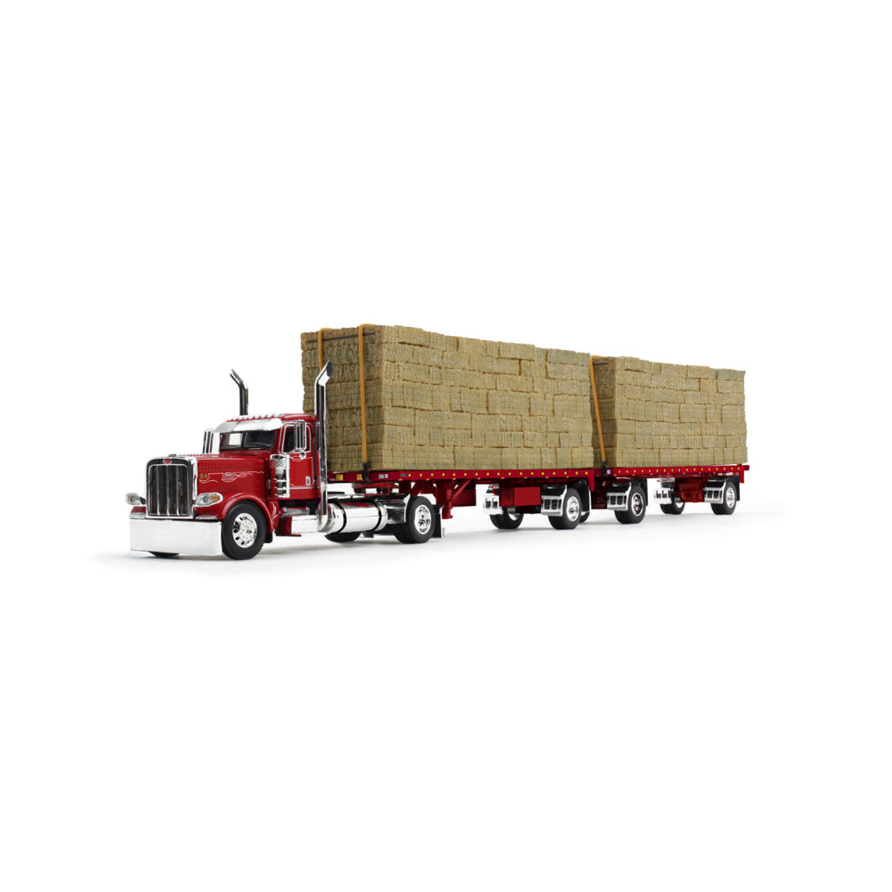 Mô hình xe DCP 1:64Viper Red Peterbilt Model 389 Day Cab & 28.5" Utility Dual Hay Flatbed Trailers With Hay Load 60-1894