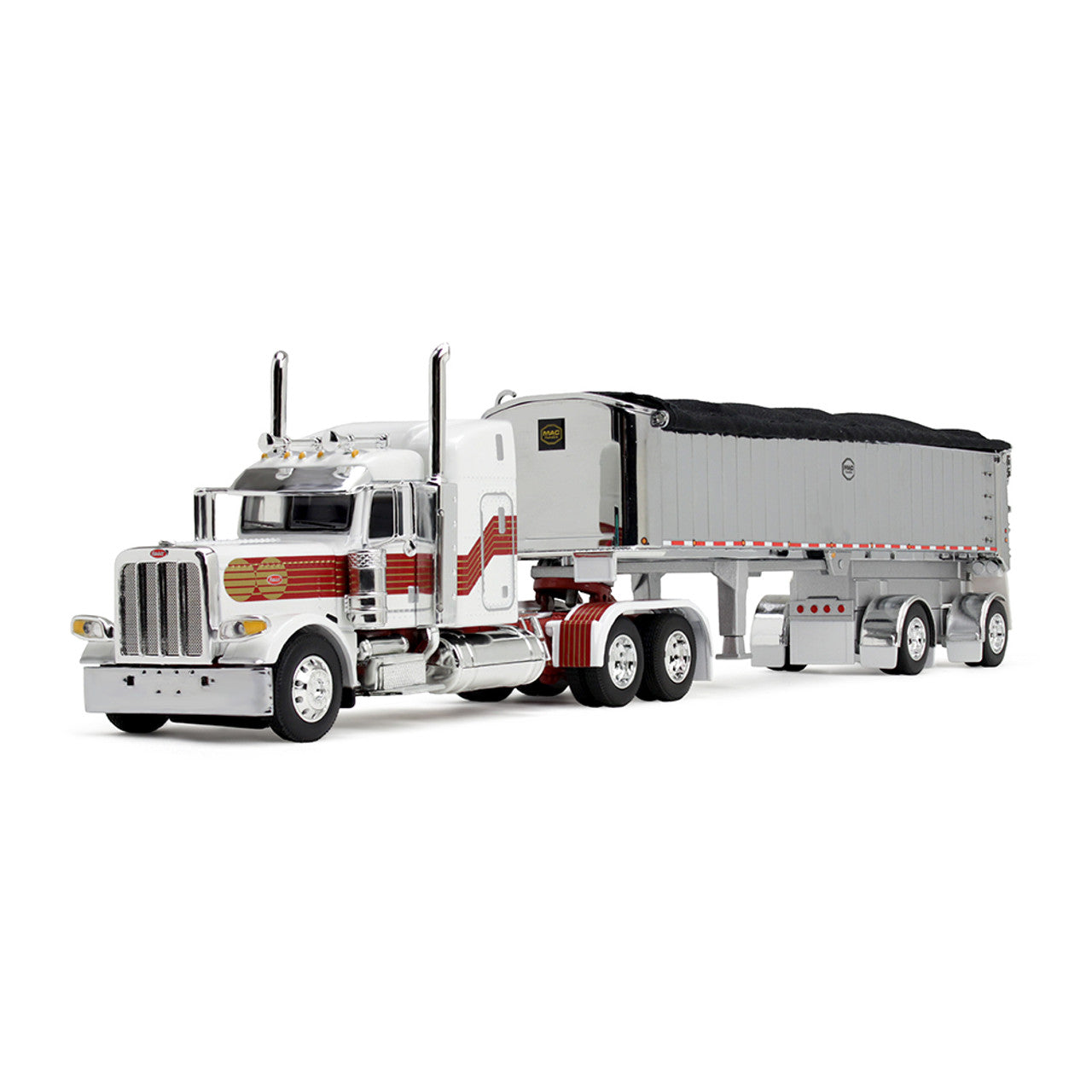 Mô hình xe DCP 1:64White/Red/Gold Peterbilt Model 389 With 48" Mid-Roof Sleeper & MAC Coal End Dump Trailer 60-1936