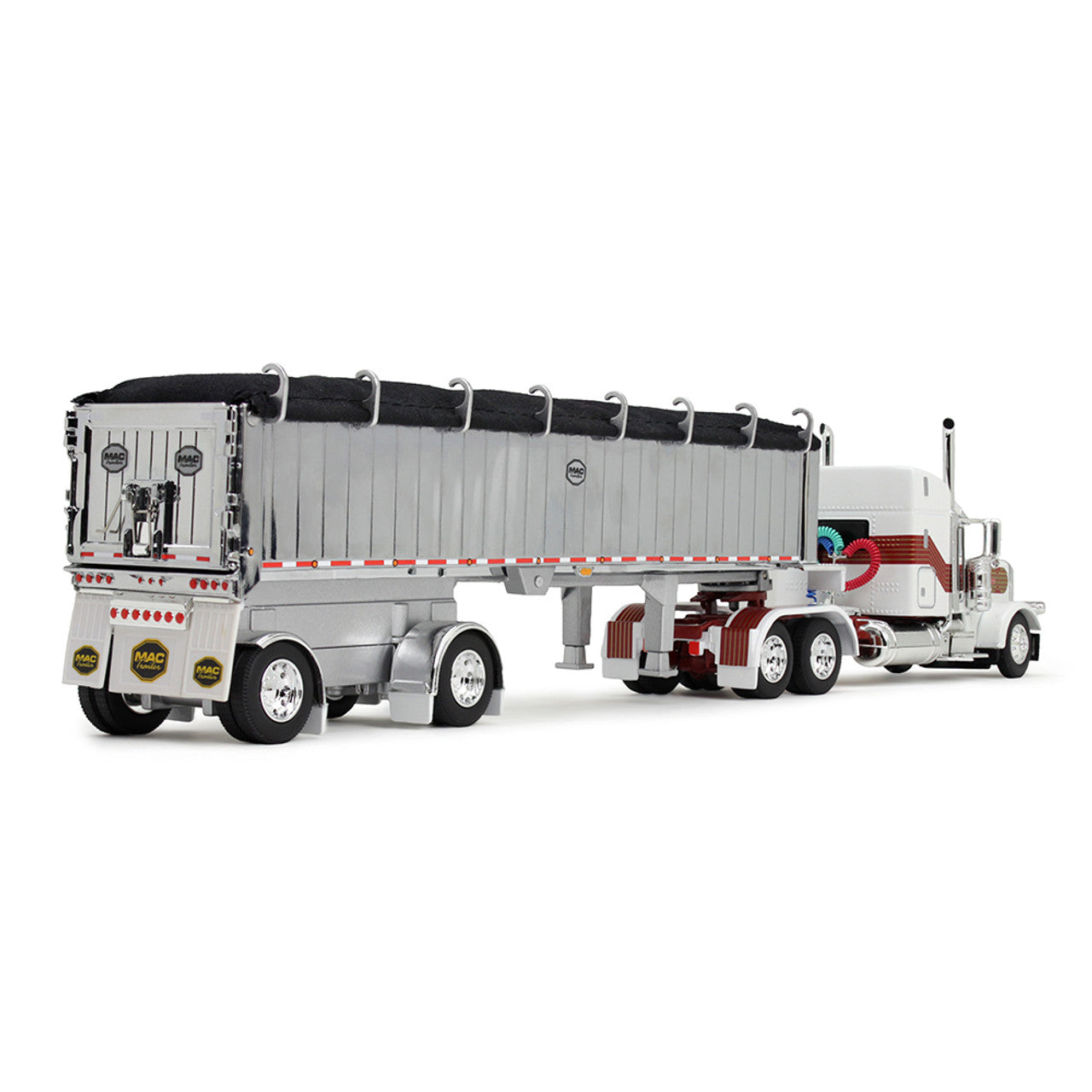 Mô hình xe DCP 1:64White/Red/Gold Peterbilt Model 389 With 48" Mid-Roof Sleeper & MAC Coal End Dump Trailer 60-1936