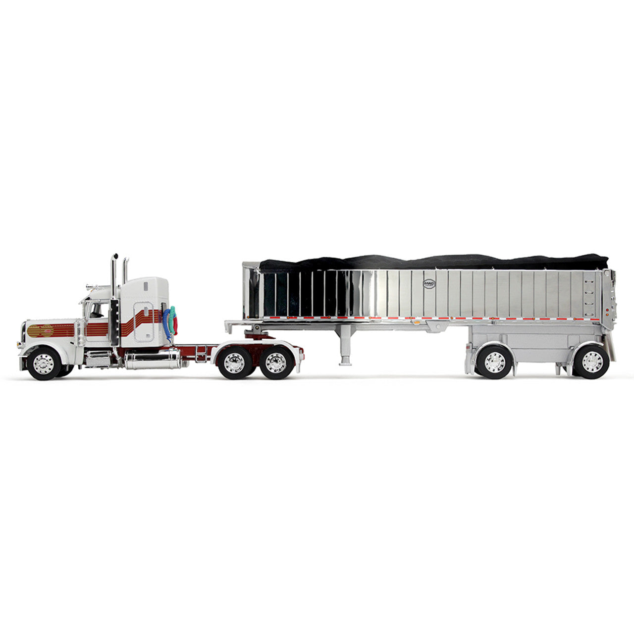 Mô hình xe DCP 1:64White/Red/Gold Peterbilt Model 389 With 48" Mid-Roof Sleeper & MAC Coal End Dump Trailer 60-1936