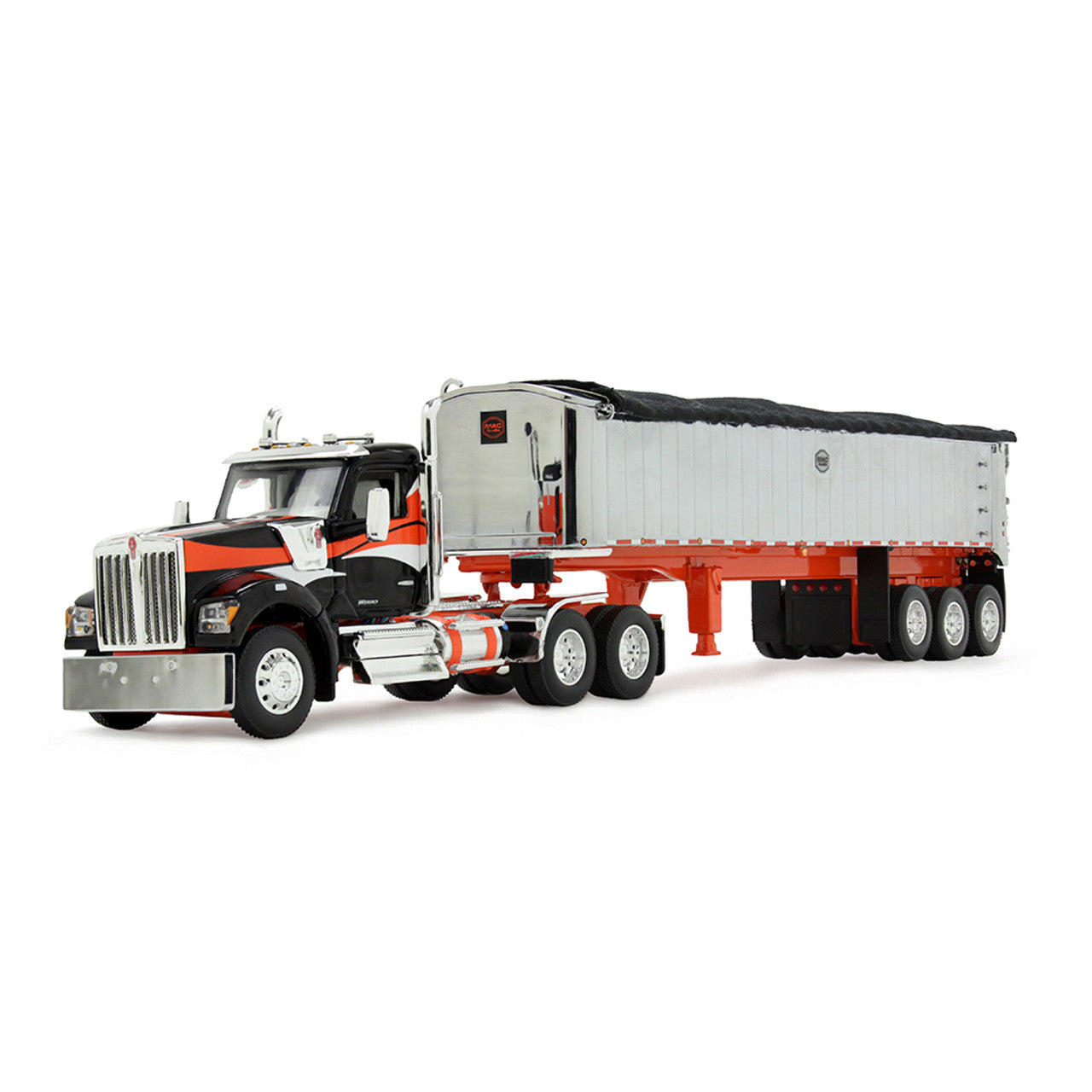 Mô hình xe DCP 1:64Black/Orange Kenworth W990 Day Cab & MAC Coal End Dump Trailer 60-2008