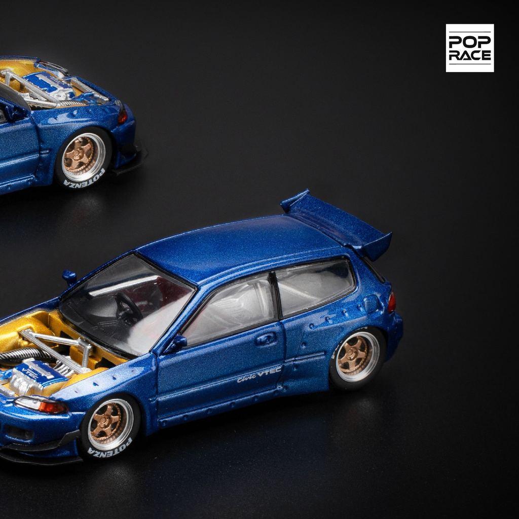 [HÀNG CÓ SẴN] Mô hình xe POPRACE 1:64 PANDEM CIVIC EG6 METALLIC BLUE WITH OPEN HOOD PR640174