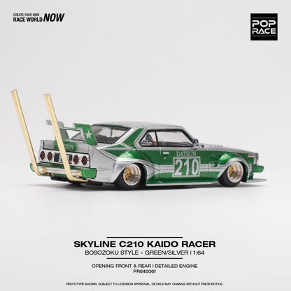 [HÀNG CÓ SẴN] Mô hình xe POPRACE 1:64 SKYLINE C210 KAIDO RACER (BOSOZOKU STYLE) - SILVER/GREEN PR640061
