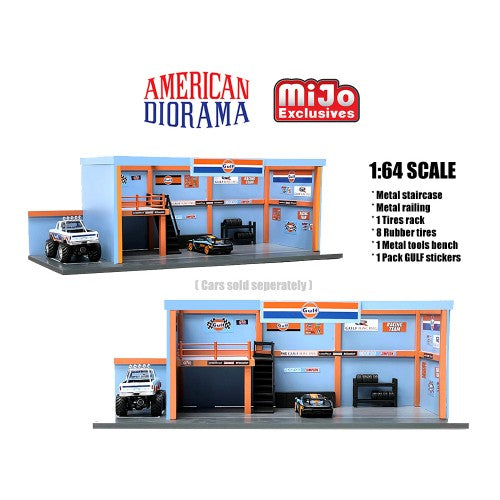 Mô hình American Diorama 1:64 AD-76531MJ 1:64 Garage Diorama (AutoWorld Licensed Gulf stickers pack included) - AD-76531MJ