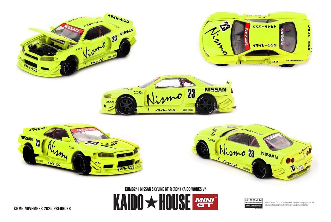 Sắp ra mắt Tháng 05/2026 mô hình xe Mini GT Kaido House 1:64 Nissan Skyline GT-R (R34) Kaido Works V4 KHMG241