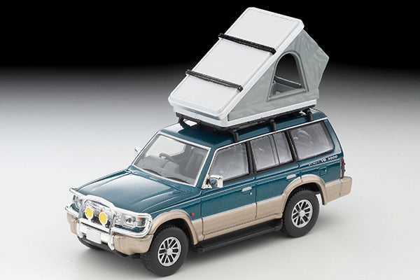 Mô hình xe Tomyca Limited Vintage TLV 1:64 Mitsubishi Pajero Mid Roof Wide VR with optional parts (green/beige) 1991 model with tent and figure | LV-N206c