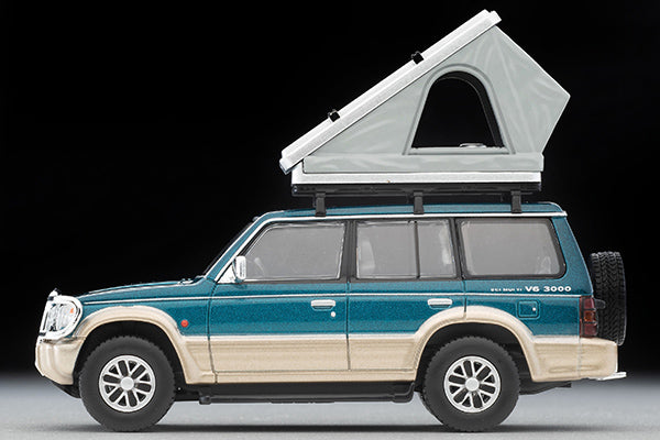 Mô hình xe Tomyca Limited Vintage TLV 1:64 Mitsubishi Pajero Mid Roof Wide VR with optional parts (green/beige) 1991 model with tent and figure | LV-N206c