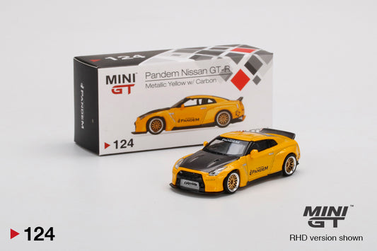 Mô hình xe Mini GT 1:64 Pandem Nissan GT-R (R35) Duck Tail Metallic Yellow w/ Carbon - MGT00124