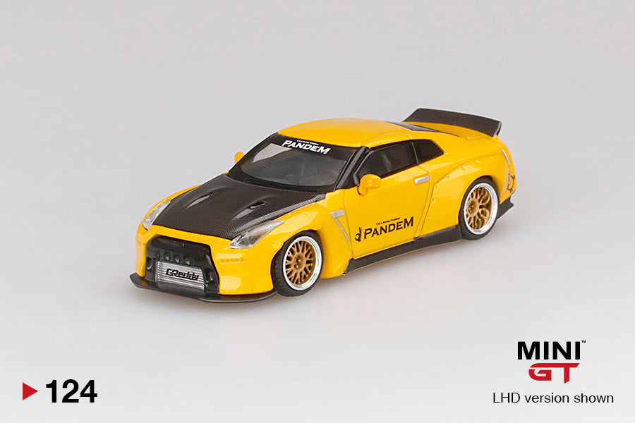Mô hình xe Mini GT 1:64 Pandem Nissan GT-R (R35) Duck Tail Metallic Yellow w/ Carbon - MGT00124