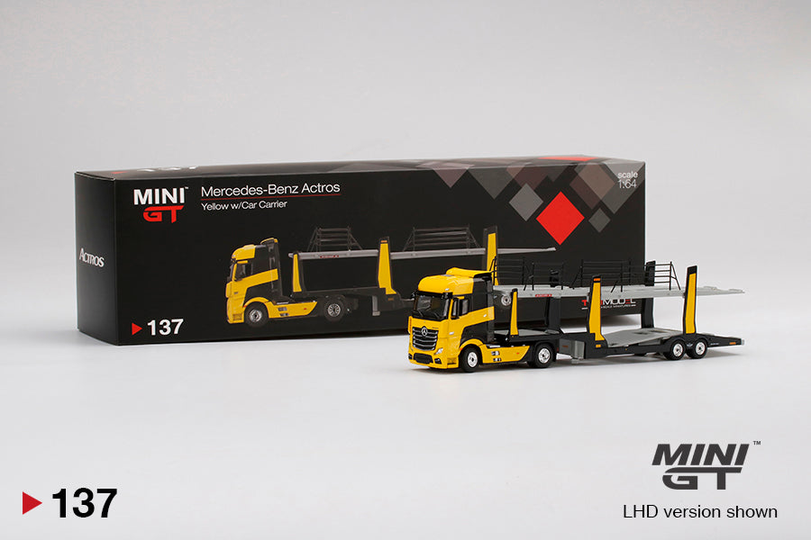Mô hình xe Mini GT 1:64 Mercedes-Benz Actros Yellow w/Car Carrier - MGT00137