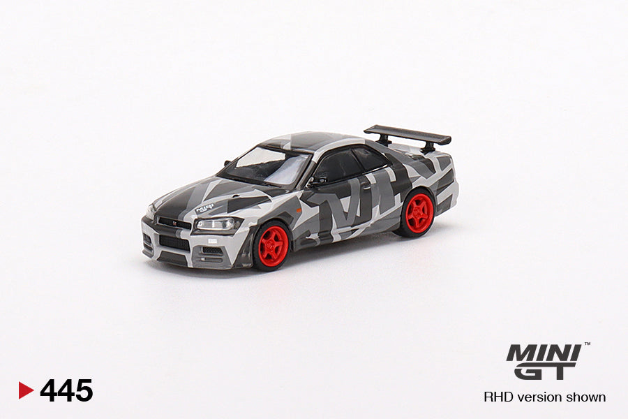 Mô hình xe Mini GT 1:64 Nissan Skyline GT-R (R34) V-Spec II MINI GT Digital Camouflage Grey 2022 Hong Kong Toycar Salon Edit - MGT00445