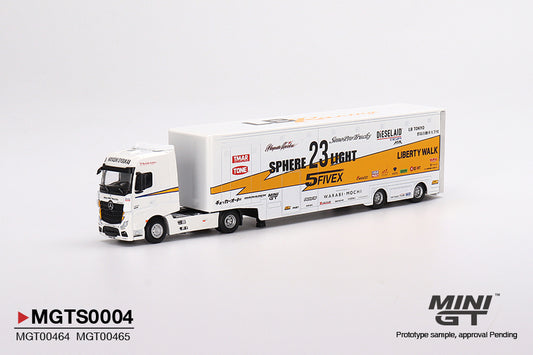 Mô hình xe Mini GT 1:64 Mercedes-Benz Actros w/ Racing Transporter - MGT00464