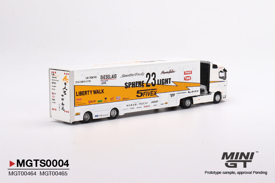 Mô hình xe Mini GT 1:64 Mercedes-Benz Actros w/ Racing Transporter - MGT00464