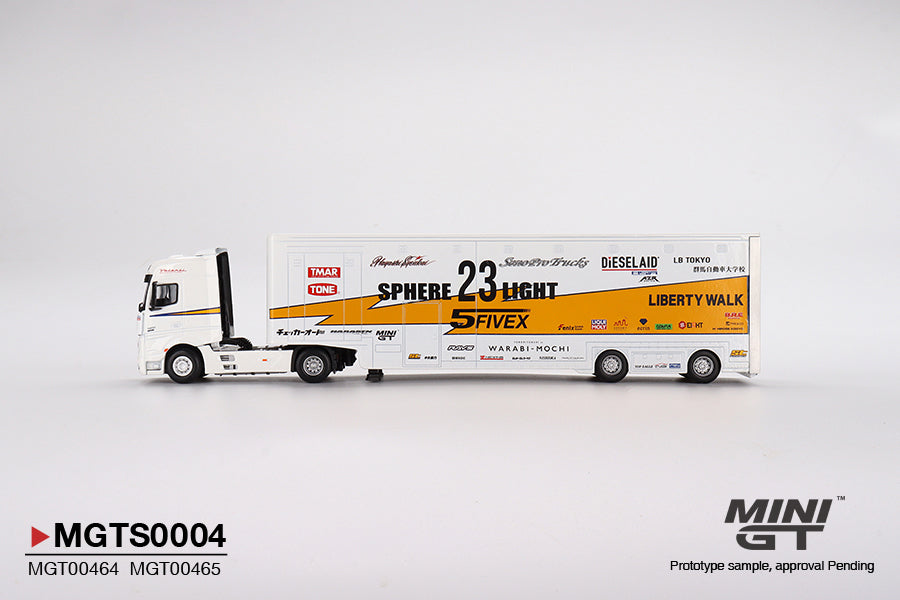 Mô hình xe Mini GT 1:64 Mercedes-Benz Actros w/ Racing Transporter - MGT00464