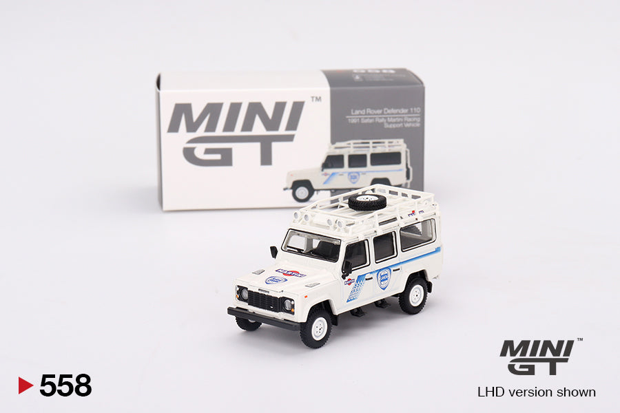 Mô hình xe Mini GT 1:64 Land Rover Defender 110 1991 Safari Rally Martini Racing Support Vehicle - MGT00558