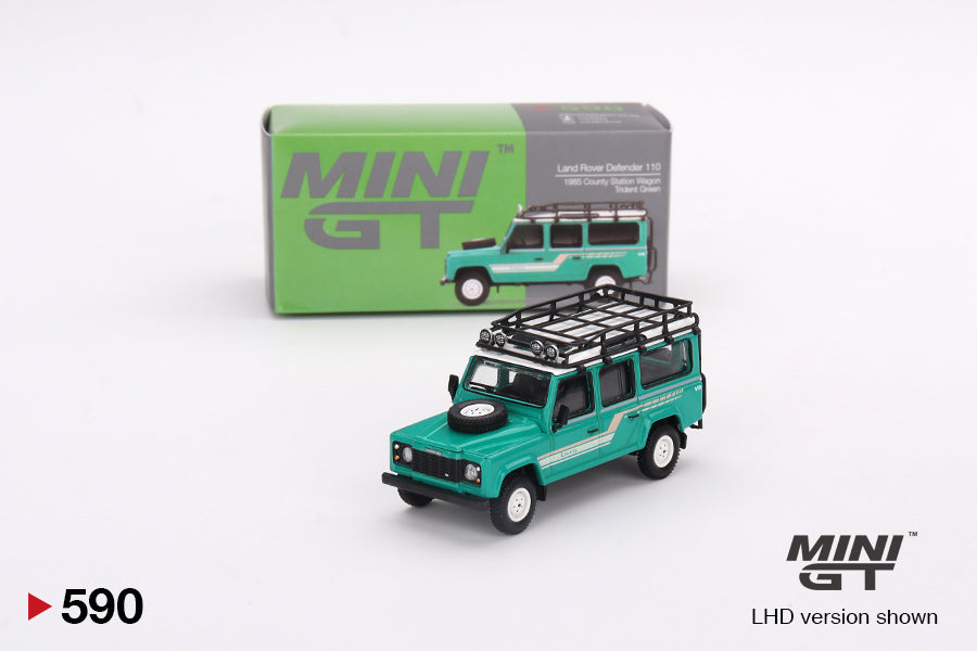 Mô hình xe Mini GT 1:64 Land Rover Defender 110 1985 County Station Wagon Trident Green - MGT00590