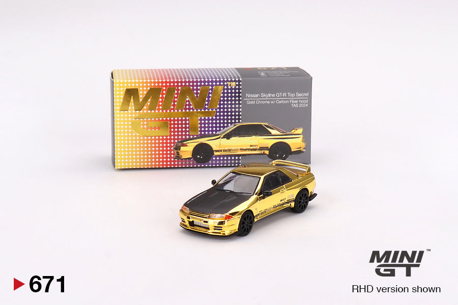 Mô hình xe Mini GT 1:64 Nissan Skyline GT-R Top Secret VR32 Gold Chrome w/ Carbon Fiber hood TAS 2024 - MGT00671
