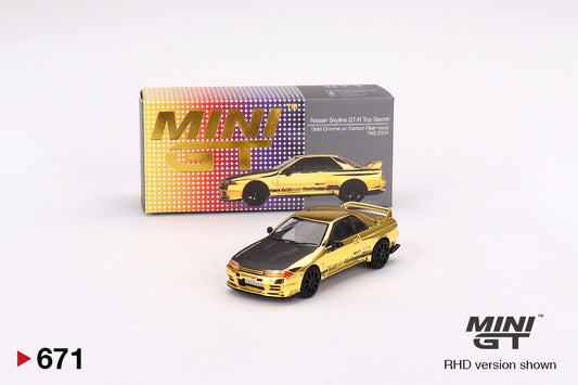 Mô hình xe Mini GT 1:64 Nissan Skyline GT-R Top Secret VR32 Gold Chrome w/ Carbon Fiber hood TAS 2024 - MGT00671