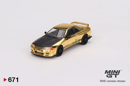 Mô hình xe Mini GT 1:64 Nissan Skyline GT-R Top Secret VR32 Gold Chrome w/ Carbon Fiber hood TAS 2024 - MGT00671