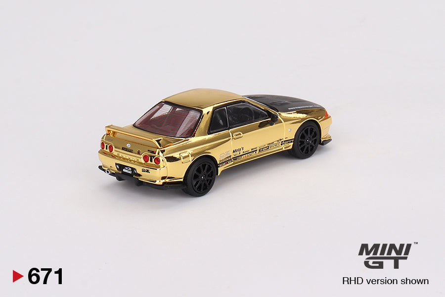Mô hình xe Mini GT 1:64 Nissan Skyline GT-R Top Secret VR32 Gold Chrome w/ Carbon Fiber hood TAS 2024 - MGT00671
