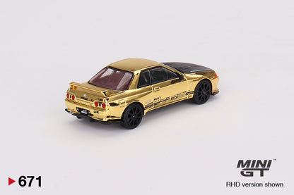 Mô hình xe Mini GT 1:64 Nissan Skyline GT-R Top Secret VR32 Gold Chrome w/ Carbon Fiber hood TAS 2024 - MGT00671