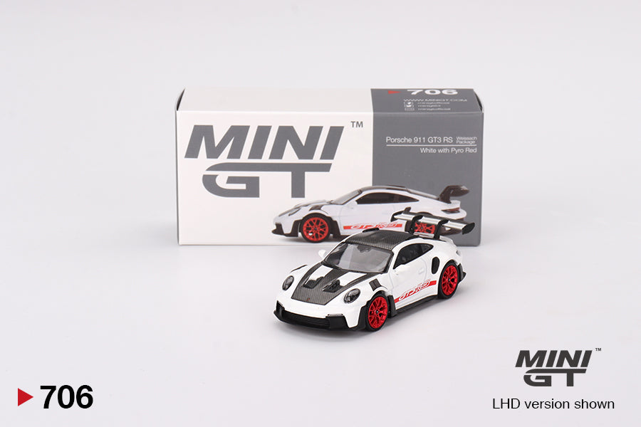 Mô hình xe Mini GT 1:64 Porsche 911 (992) GT3 RS Weissach Package White with Pyro Red - MGT00706