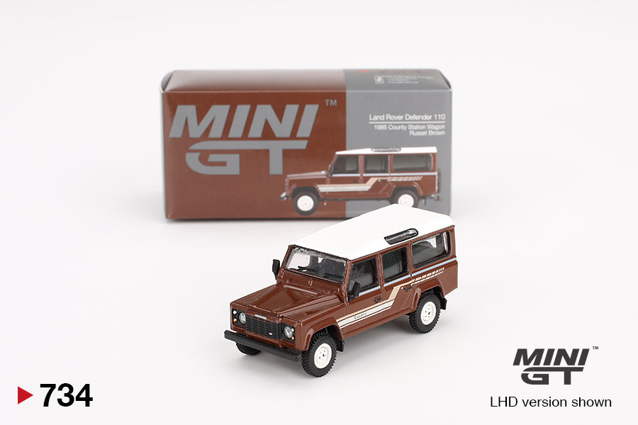 Mô hình xe Mini GT 1:64 Land Rover Defender 110 1985 County Station Wagon Russet Brown - MGT00734